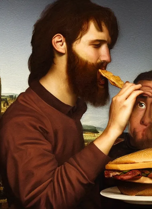 Prompt: realistic portrait of tiktoker danny mondello eating a sandwich, italian guy with glasses long brown hair and a goatee, renaissance portrait painting, greg rutkowski, beautiful light