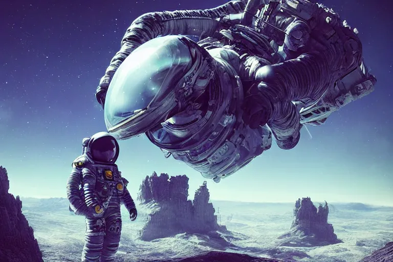 Image similar to distant low angel photograph of an astronaut exploring an abandoned alien planet with alien skeletons, alien skulls, fallen kingdom city ruins, science fiction, detailed space suit, cinematic, hypermaximalist, detailed, 4k, 8k, breathtaking stars, surrealism, distant, concept art, digital art, sharp focus, reflections, RTX, octane render, acid pixie, Trending on DeviantArt