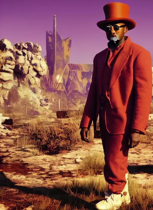 Image similar to Kanye West as willy wonka in fallout new vegas, splash art, movie still, cinematic lighting, dramatic, octane render, long lens, shallow depth of field, bokeh, anamorphic lens flare, 8k, hyper detailed, 35mm film grain