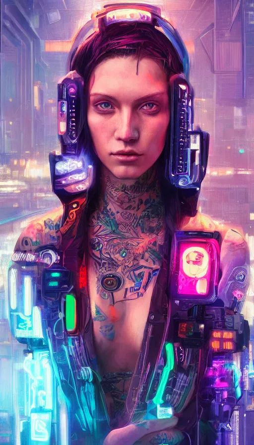 Image similar to a stunning highly detailed digital portrait of a cyberpunk woman in strong lighting, tattoos and electronics, neon reflections, pastel colors, by mandy jurgens, highly detailed, oil on canvas