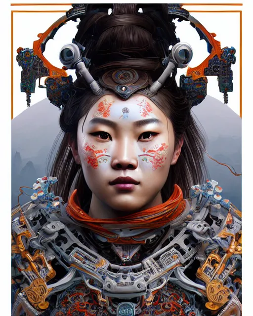 Image similar to portrait of a machine from horizon zero dawn, machine face, upper body, decorated with chinese opera motifs, asian, traditional chinese art, intricate, elegant, highly detailed, digital painting, artstation, concept art, smooth, sharp focus, illustration, art by artgerm and greg rutkowski and alphonse mucha, 8 k