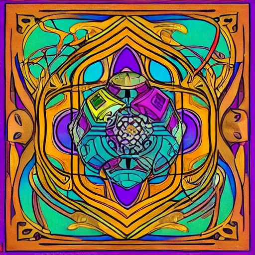 Image similar to beautiful painting of companion cube, art nouveau. gaudy colors. intricate linework. sharp edges.