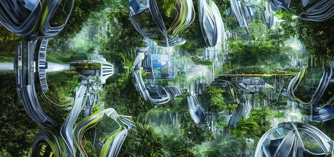 Image similar to photography of a futuristic landscape of a solarpunk city in the middle of the jungle designed by alvar aalto and taras shevchenko and le corbusier