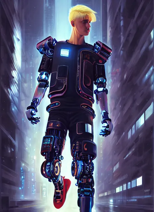 Prompt: photo of cyberpunk blonde male teenager fighting a robot in the style of stefan kostic, realistic, sharp focus, 8 k high definition, insanely detailed, intricate, elegant, art by stanley lau and artgerm