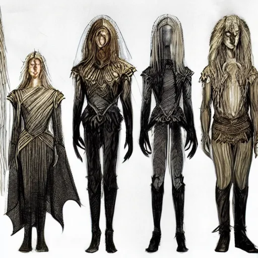 Image similar to costume sketches by Julie Taymor for The Lord of the Rings musical on broadway extremely detailed concept art