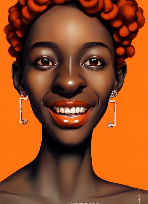 Image similar to portrait of shy black girl, realistic, bantu knots, pointy nose, lanky, smile, nerdy, defined jawline, big chin, orange hair bow, earrings, intricate, elegant, glowing lights, highly detailed, digital painting, artstation, sharp focus, illustration, art by wlop, mars ravelo and greg rutkowski