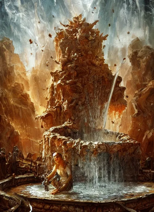 Image similar to fountain of honey in hell, oil painting by tomasz jedruszek, cinematic lighting, pen and ink, intricate line, hd, 4 k, million of likes, trending on artstation