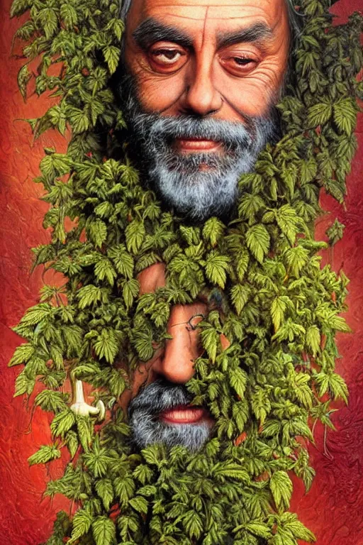 Prompt: hyper realistic portrait painting of tommy chong ( intrincate detail, golden mushroom ornaments, marijuana ) wet, marijuana buds, by saturno butto, boris vallejo, austin osman spare and david kassan, by bussiere. occult art, occult diagram, red and green color scheme.