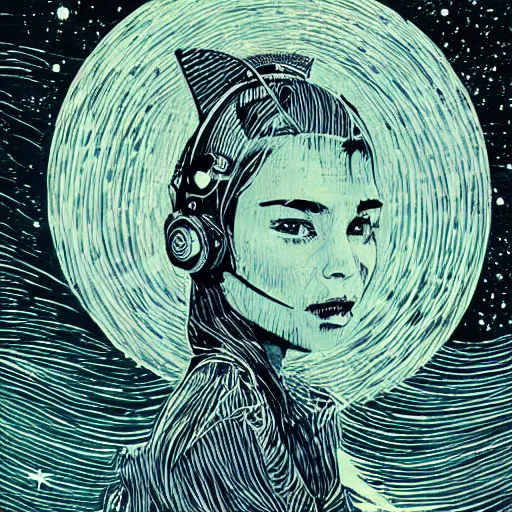 Image similar to Woodcut portrait of a beautiful cute girl with robot ears by falling into the stars greg rutkowski, 4k, intricate details