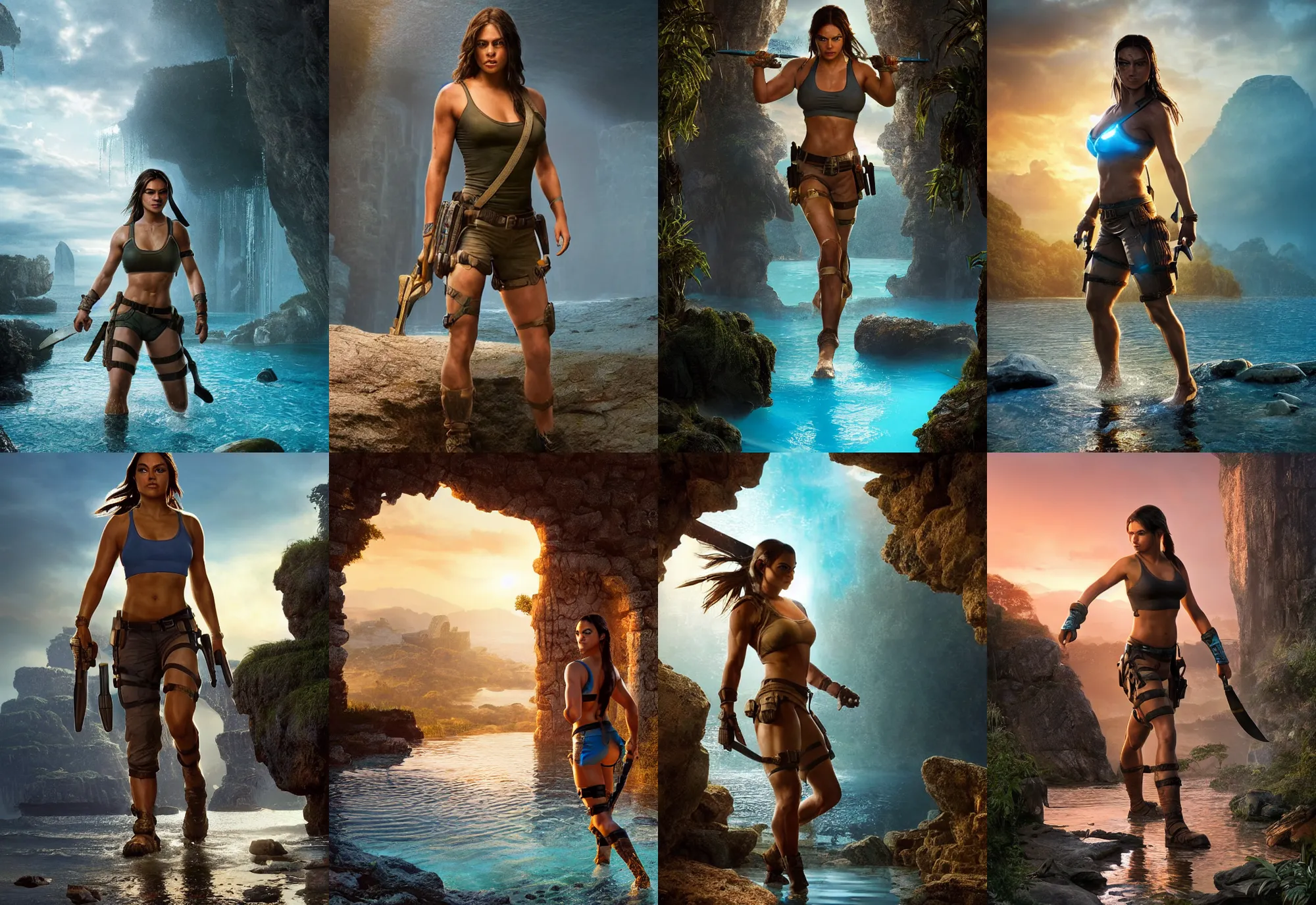 Image similar to mila kunis as muscled amazon lara croft wading through shallow blue glowing water, bright white castle stones, 2 0 0 mm focal length, epic vista of old ruins, sundown, golden hour, intricate, elegant, stanley lau, greg rutkowski