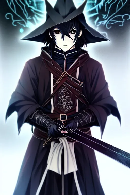 Image similar to anime portrait of a handsome man, dark long hair, wearing bloodborne clothes, ilya kuvshinov, anime, pixiv top monthly, trending on artstation, cinematic, danbooru, zerochan art, kyoto animation