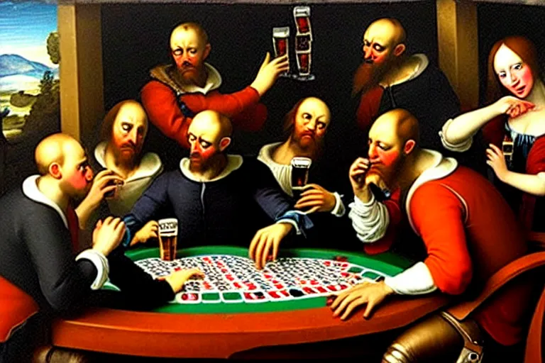 Image similar to velociraptors playing poker on a bar while drinking beer, in the style of a renaissance painting.