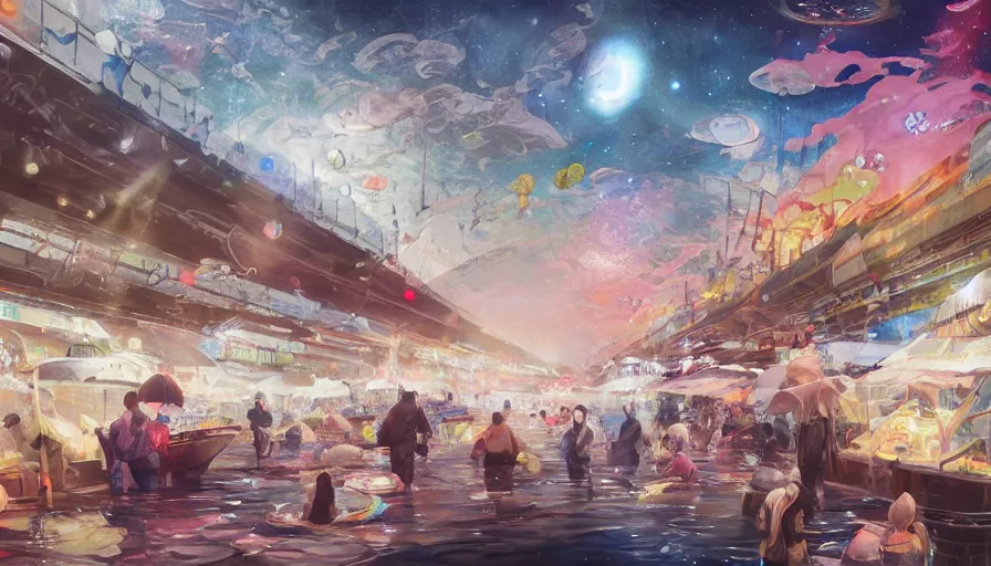 Image similar to floating wet japanese market with vendors on a luxurious road on interstellar solar system with nearby planets seen from the distance, advanced highway, star trek style, by peter mohrbacher, jeremy mann, francoise nielly, android james, ross tran, beautiful, award winning scenery, 8 k quality, clean details, serene, sakura season