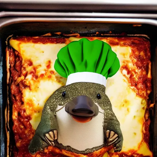 Image similar to platypus wearing a chef hat while putting a lasagna in an oven, with three basil leaves over the lasagna