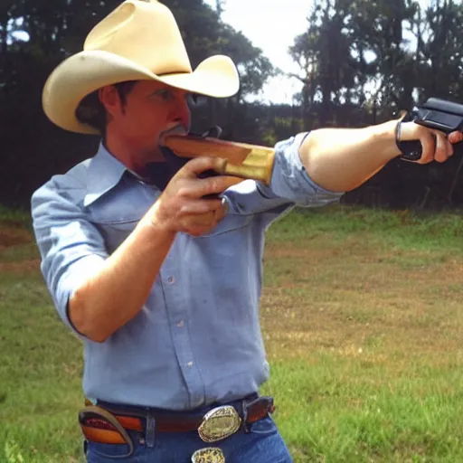 Prompt: cowboy shooting a pistol that is actually a banana