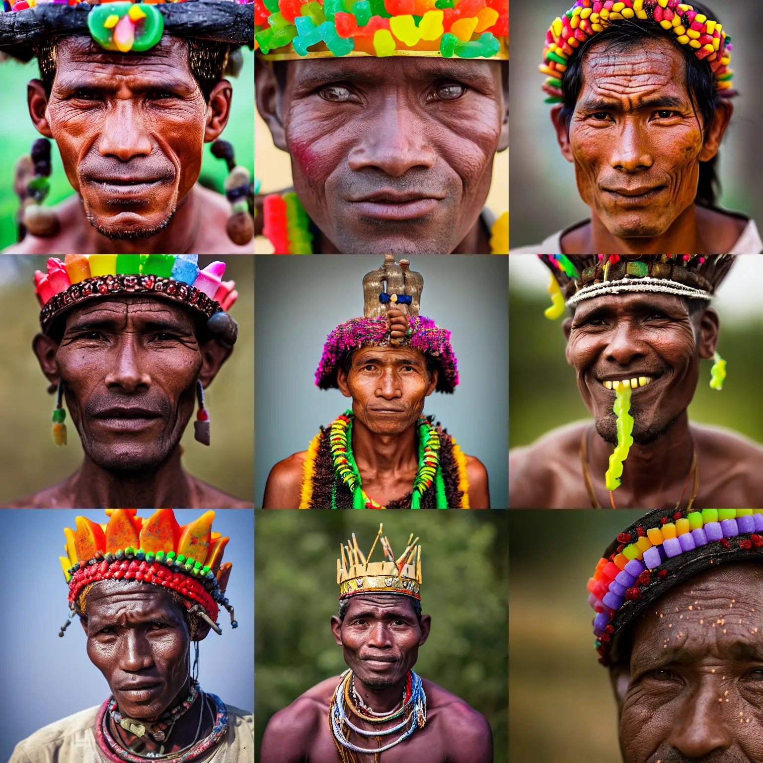 Prompt: National Geographic photo portrait of a local tribesman, wearing a crown made of gummy candy, sigma 85mm, high quality, 4k