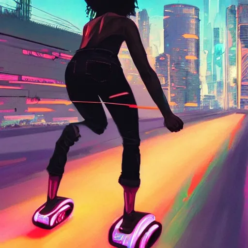 Image similar to a black girl riding a hoverboard through the synthwave city in a cyberpunk style by greg rutkowski and android jones, oil on canvas