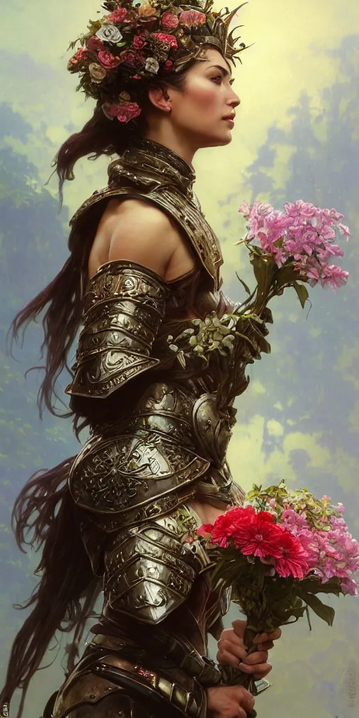 Prompt: closeup portrait of a beautiful mysterious woman warrior wearing an armour costume and helmet, holding a bouquet of flowing flowers, hands disappeared under the bouquet, profile view, fantasy, regal, intricate, by stanley artgerm lau, greg rutkowski, thomas kinkade, alphonse mucha, loish, norman rockwell