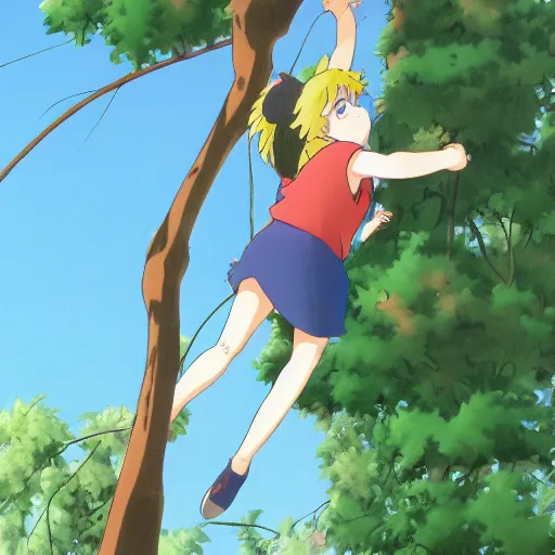 Prompt: anime cel of a girl climbing a tree