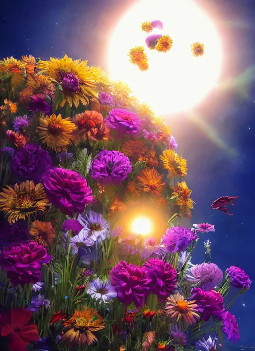 Prompt: An epic fantastic realism comic book style painting of the most beautiful flowers launched into space, bouquets, solar eclipse, fisheye, unreal 5, DAZ, hyperrealistic, octane render, dynamic lighting