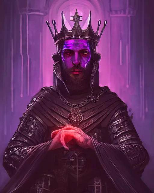 Image similar to a full length portrait of a medieval king on the cyberpunk throne, glowing eyes, dark purple color scheme, grim - lighting, high - contrast, intricate, elegant, highly detailed, digital painting, artstation, concept art, smooth, sharp focus, illustration