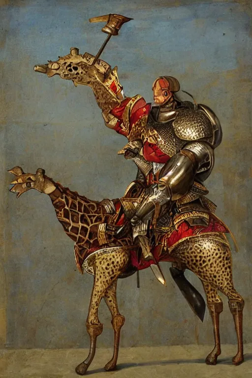 Image similar to a photo of a medieval knight in armor riding a giraffe