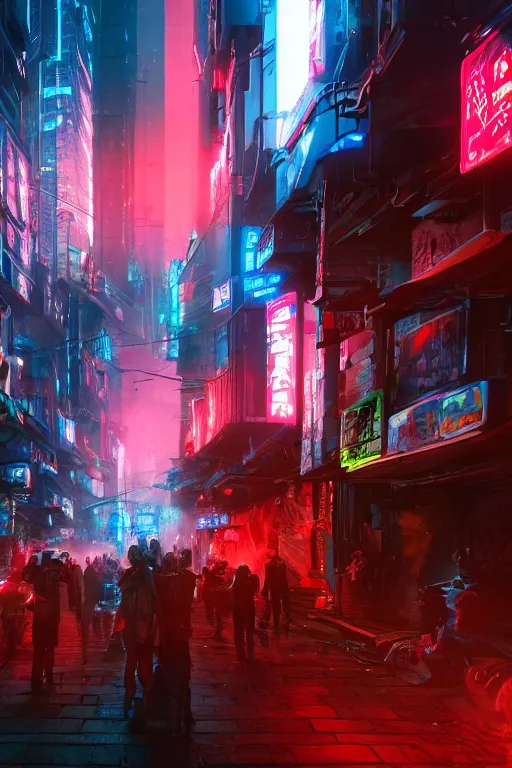 Prompt: fantasy futuristic dystopian cityscape with crowds of people, digital artstation painting, cyberpunk wallpaper, diffused lighting, with red and blue neon ambient lighting, fog, trash and dumpsters in a nearby alley, made by tae young choi and dang my linh, 8 k dop dof hdr