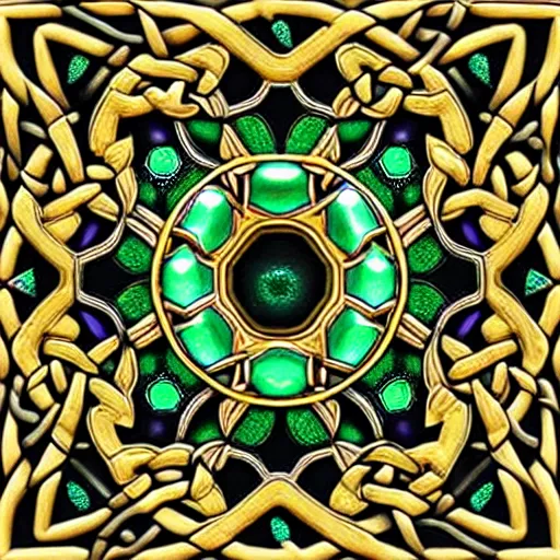 Image similar to ornate twisting three dimensional multilayered celtic pattern vortex inside a hexagonal shape, intricate detail, complex, jade, gold, silver, obsidian