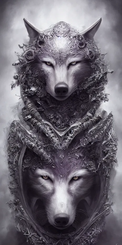 Image similar to tom bagshaw, soft painting fractal curiosities carnival, single beautiful anthropomorphic wolf mutation in full nightshade gothic armor, accurate features, focus, very intricate ultrafine details, black white purple volumetric clouds, award winning masterpiece, octane render 8 k hd