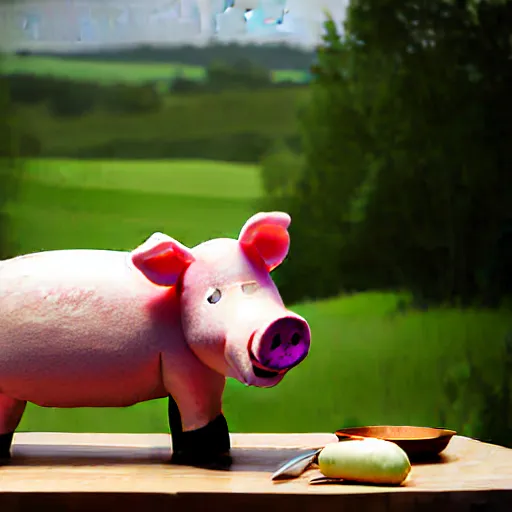 Prompt: landscape studio photograph of a pig cooking dinner depicted as a muppet