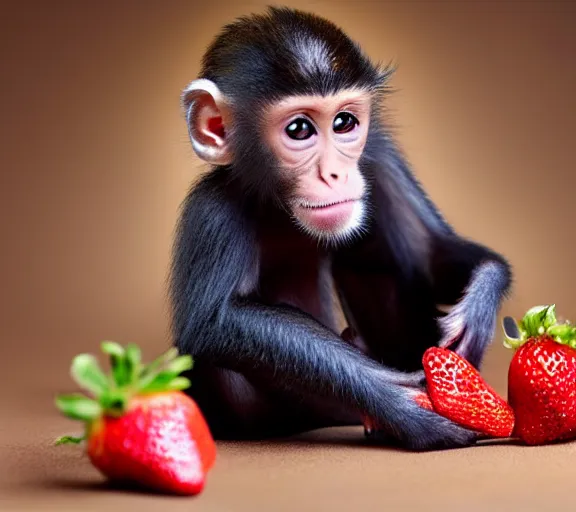 Prompt: a baby monkey sneezing onto a strawberry, detailed, macro, studio light, droplets, backlit ears, close up