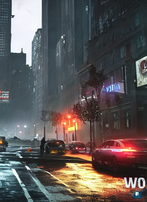 Image similar to watch dogs game, chicago city rainy detailed, soft lighting