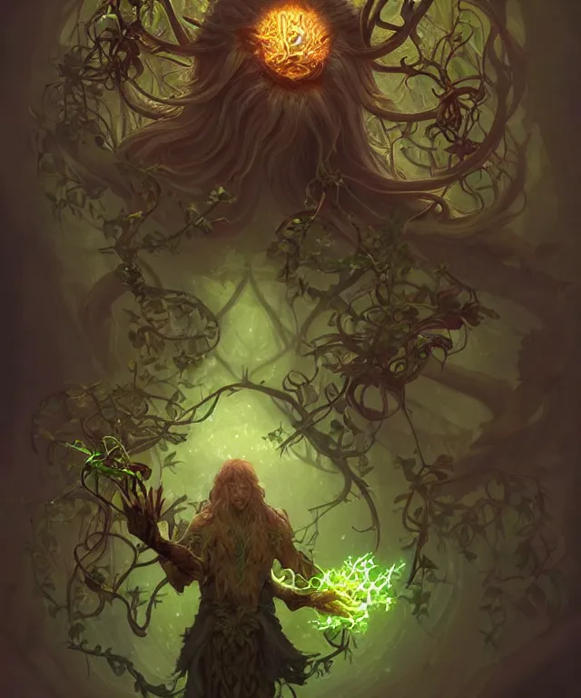 Image similar to a male! spore druid with leaf and vine themed clothing, fully clothed, glowing energy, d & d, fantasy, intricate, cinematic lighting, highly detailed, digital painting, artstation, concept art, smooth, sharp focus, illustration, subject in the middle of the frame, art by artgerm and greg rutkowski and alphonse mucha