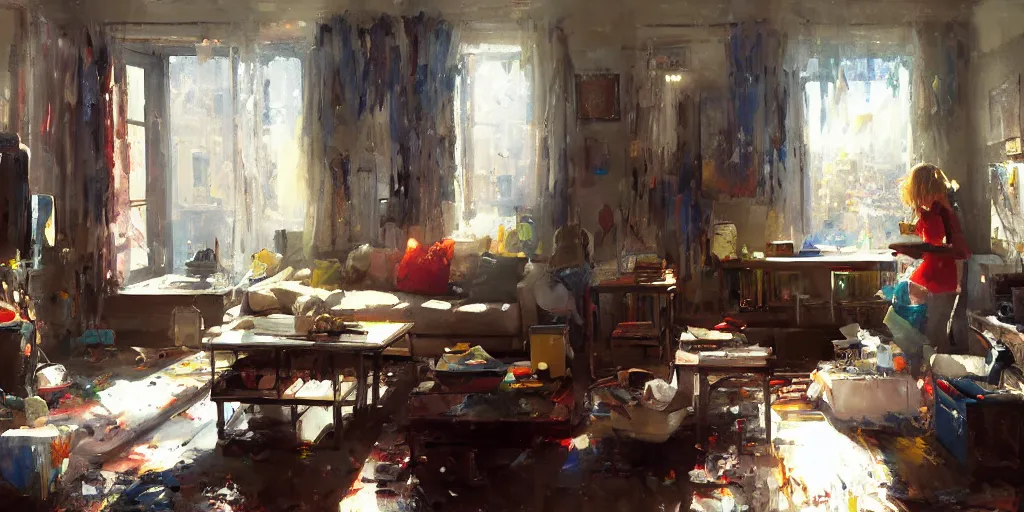 Image similar to A ultradetailed beautiful panting of a messy moders apartment, bright sunny day, Oil painting, by Ilya Kuvshinov, Greg Rutkowski and Makoto Shinkai