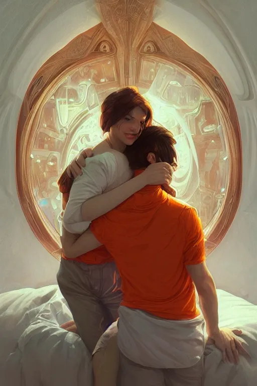 Image similar to portrait of tinfoil hat man in orange t - shirt hugging from behind his wife in a bed, feelings, romantic, fantasy, intricate, elegant, highly detailed, digital painting, artstation, concept art, smooth, sharp focus, illustration, art by artgerm and greg rutkowski and alphonse mucha