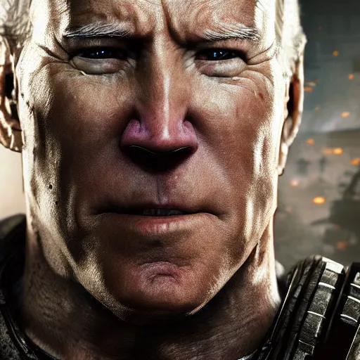 Image similar to Photo portrait of Joe Biden in Gears of War, splash art, movie still, detailed face, photorealistic facial features, cinematic lighting, dramatic, octane render, long lens, shallow depth of field, bokeh, anamorphic lens flare, 8k, hyper detailed, 35mm film grain