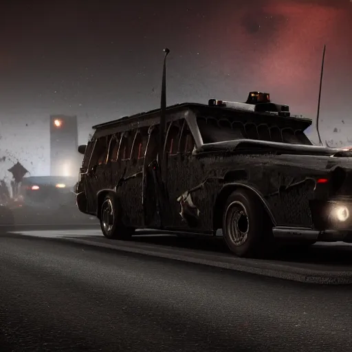 Prompt: armored hearse with machine guns on a dark scary road at night by Paul Chadeisson, atmospherical, high detail, sci-fi, cinematic, Artstation trending, octane render