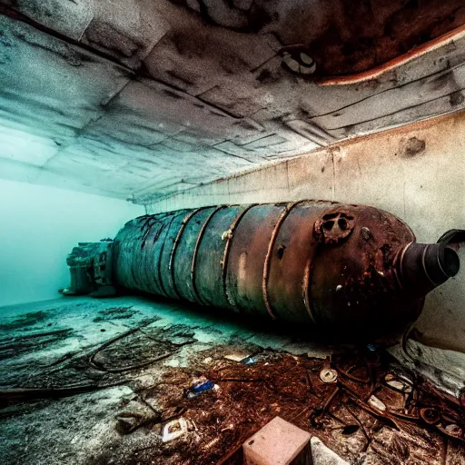 Image similar to photograph of an abandoned soviet submarine underwater, wide angle, dry ice, decay