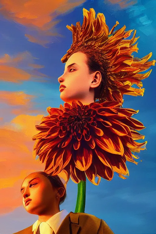 Image similar to closeup giant dahlia flower head, girl in a suit on a street, surreal photography, blue sky, sunrise, dramatic light, impressionist painting, digital painting, artstation, simon stalenhag