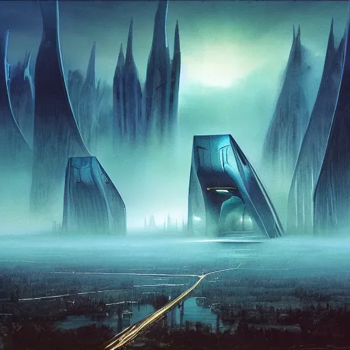 Prompt: future forest city attacked, trees, plant, broken buildings, doom of the gods, monster, gravity mess, star trek, glory war, photograph, by arthur haas and bruce pennington and john schoenherr, cinematic matte painting, zaha hadid building, photo realism, dark moody color palate, blue hour stars, desolate glacial landscape,