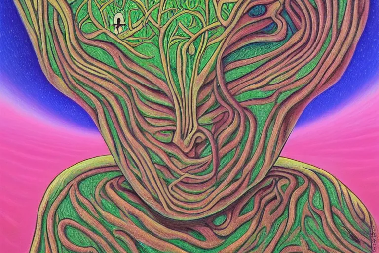 Prompt: painting of a terrified alien meditating under a tree by alex grey, acrylic art, dreadful, soothing, somber, elegant, soft light,