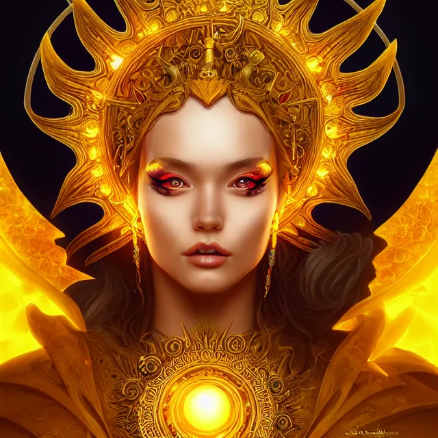 Image similar to beautiful elemental sun witch with ornate yellow robes and staff, highly detailed, 4 k, hdr, smooth, sharp focus, high resolution, award - winning photo, artgerm, photorealistic