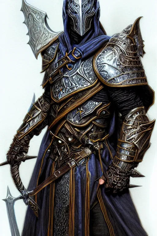 Image similar to head and shoulders portrait of an eldrich knight, drow, dark elf, shadar kai, breastplate, magical, male, high fantasy, d & d, by donato giancola, face details, extremely detailed, digital illustration