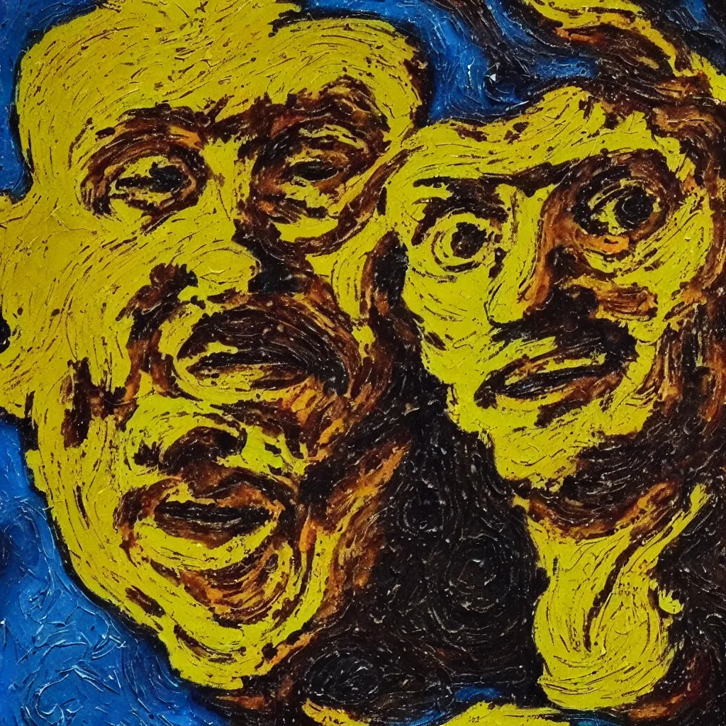 Image similar to happy face in the style of Jackson Pollack, with lots of stumbling, stumbled thick oil paint and painted in a style of painting similar to Van Gogh but more impasto and less hatching