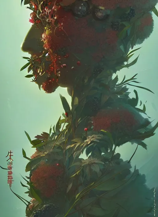 Image similar to illustrated by satoshi kon and greg rutkowski, a cyborg face in some plants with flowers and berries for a face, 6 0's retro sci - fi flat surreal design