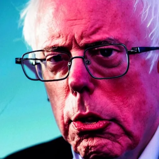 Image similar to bernie sanders with laser beams coming out of his eyes, synthwave