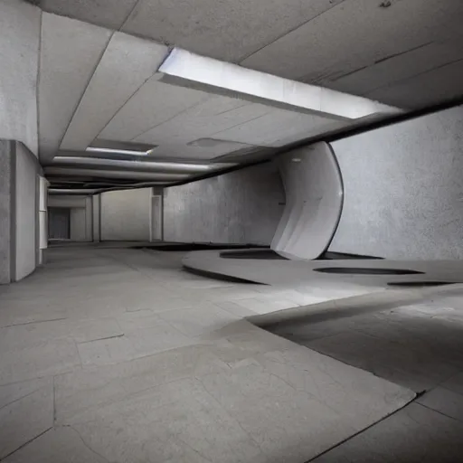 Prompt: a brutalist liminal space with a futurism aesthetic and a bruatlism vibe