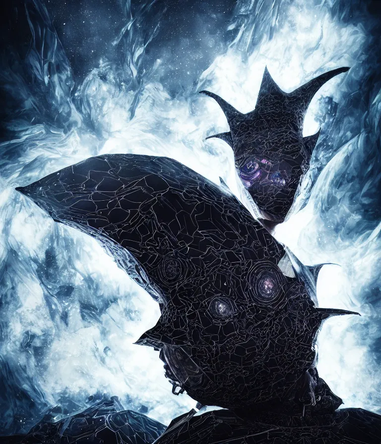 Image similar to impressive ominous front!! shot photo of a court jester character fine portrait fine portrait mesmerizing fractal hyper cubes platinum cracked dark future hyper dimensional space galactic crystal nebula edges elegant detailed intricate concept artstation sharp focus ray tracing cinematic masterpiece temporal corruption beeple wlop germ 8 4 k scifi glossy hyper realistic illustration canon eos r 3 fujifilm x - t 3 0 sony alpha a 6 6 0 0