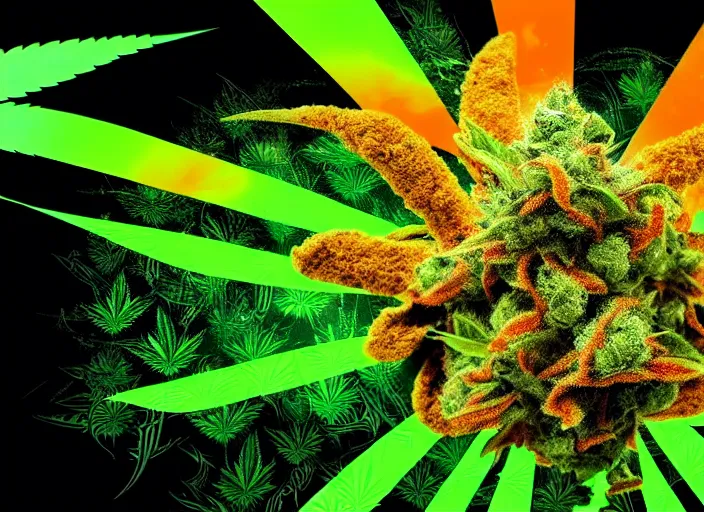 Image similar to a cannabis bomb explodes, weed, marijuana leaf, marijuana bud, explosion, cinematic, psychedelic, trending on art station, 8k