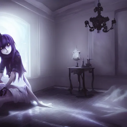 Image similar to full shot portrait of angry darkness anime girl hide under a bed at moonlight, gothic wearing, worrying eyes, inspired by Tim Burton, detailed, unreal engine 4k volumetric light, dense fog,